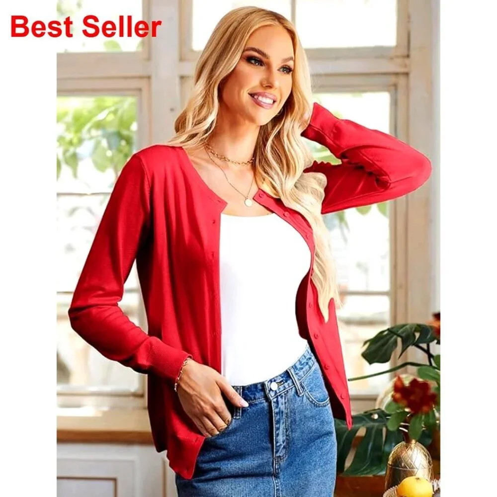 Long Sleeve Button Down Cardigan, Stretchy Knit, Office Essential, S-2XL